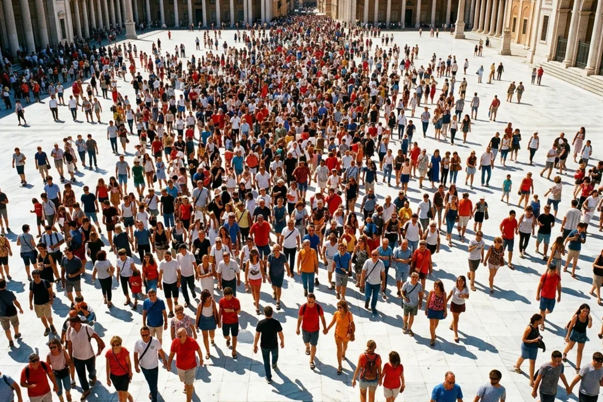 Aerial view of a crowd moving across a dimly lit plaza at dusk