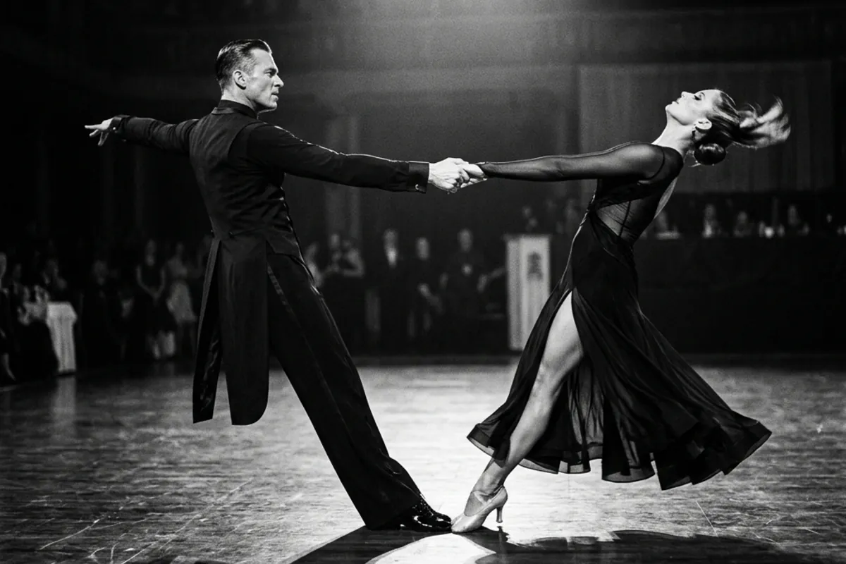 Two ballroom dancers leaning away from each other while clasping hands