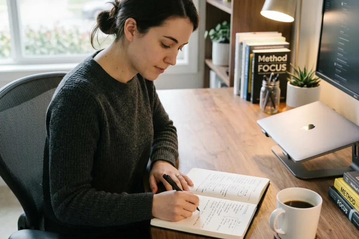 An open notebook beside a cup of coffee in warm morning light