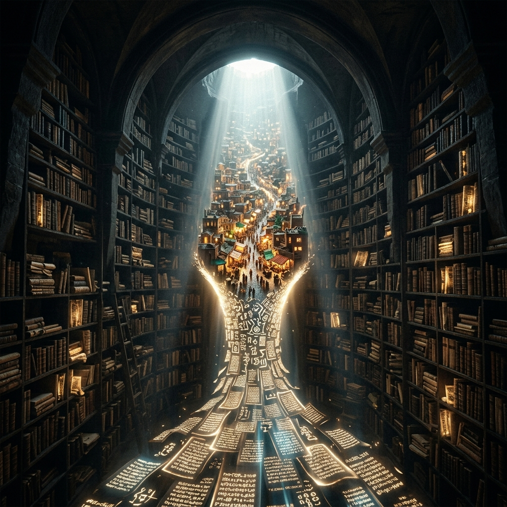 An enormous dark archive where a whole city - streets, markets, families at dinner - is being funneled through a narrowing channel of light and re-woven into dense pages of glowing text