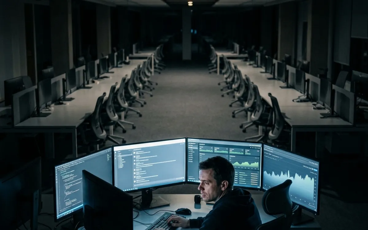 A single worker at a lit desk in a large emptied office