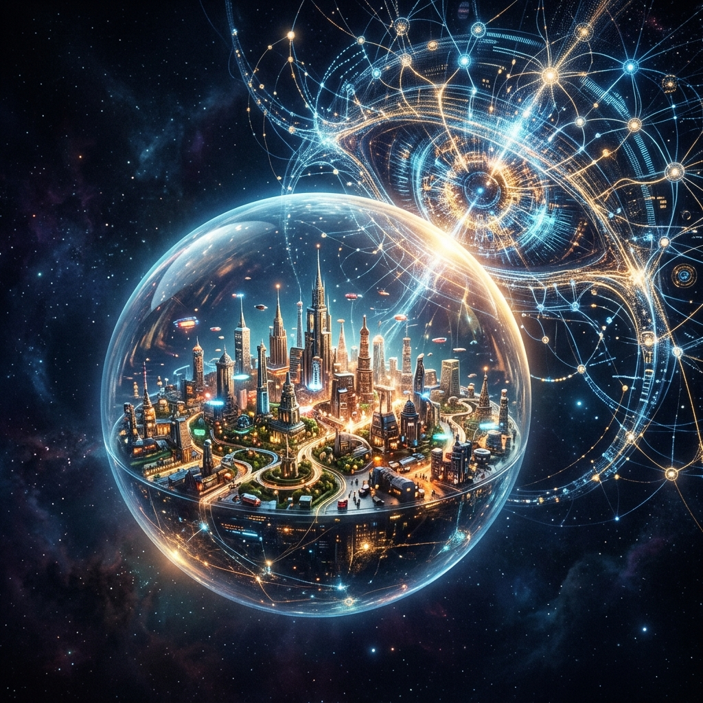 A vast glowing glass globe containing a miniature city of human life, and outside it in the darkness a tall translucent figure woven from lines of faint text, bending close to read it