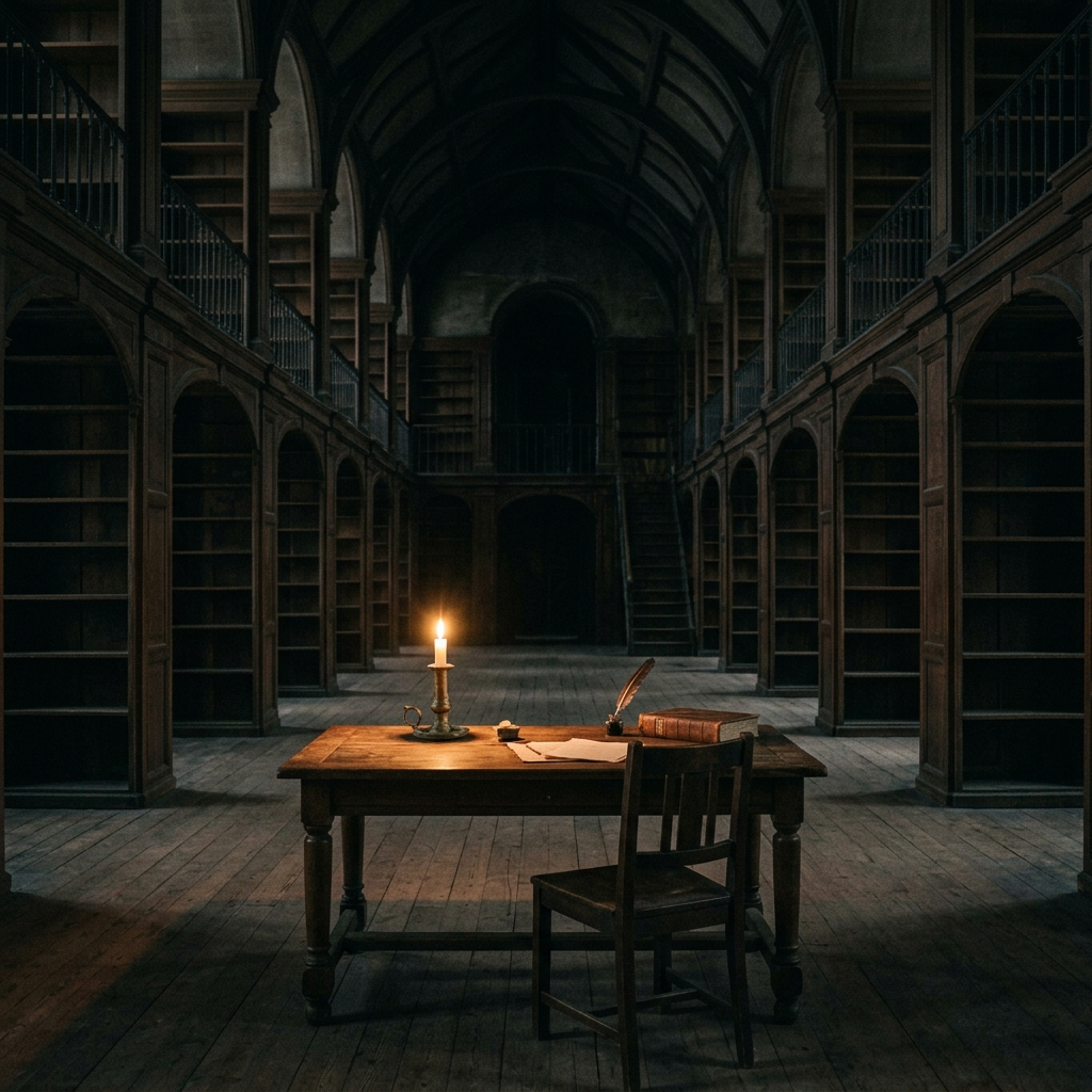 A vast dark library hall with a single lit candle among endless empty shelves