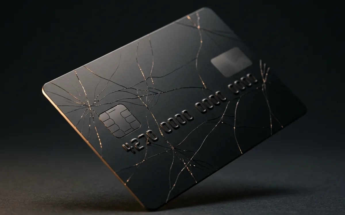 A cracked matte-black credit card - visual for debt stress