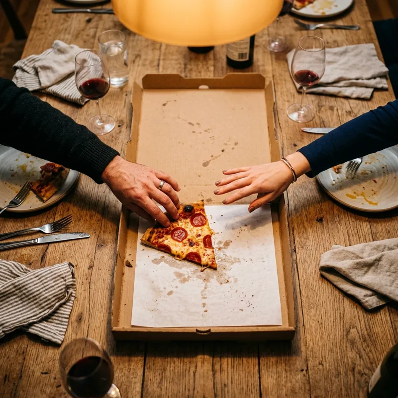 Two hands reaching for the last slice of pizza