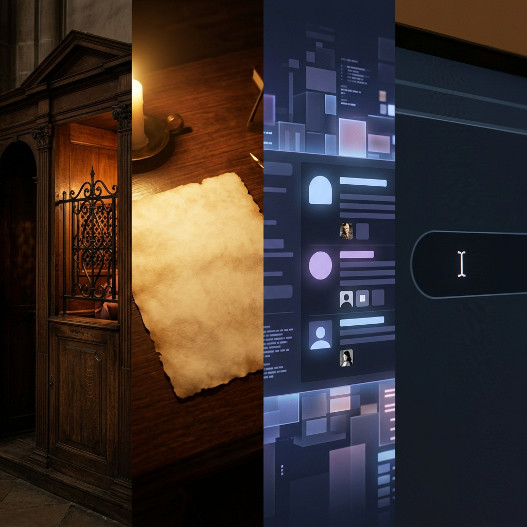 A timeline montage: a wooden confessional booth, a 17th-century printed broadsheet of readers' questions, a glowing anonymous forum thread, and a search bar cursor blinking