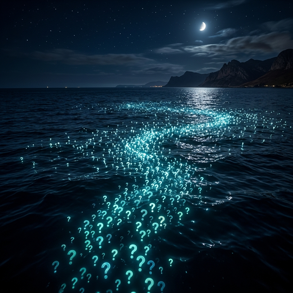 A dark ocean at night with thousands of small glowing question marks rising from the deep toward the surface like bioluminescent plankton