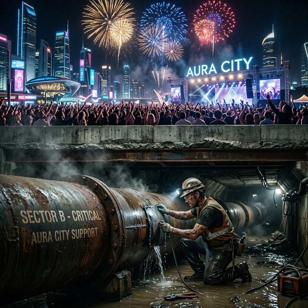 A lone night worker with a small lamp carefully oiling a colossal glowing machine, while in the bright foreground marble statues of founders and inventors face the other way