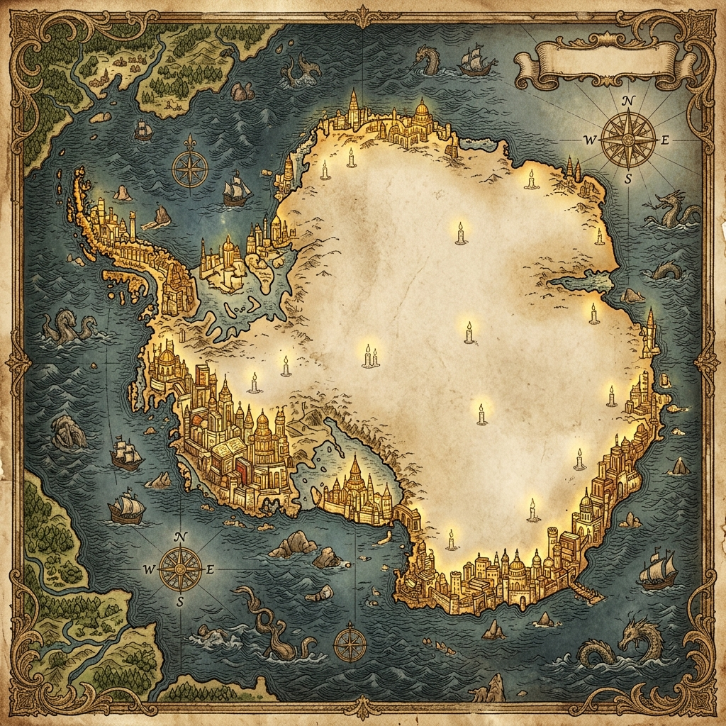 An antique-style map where brightly lit cities of books crowd the coastlines while the vast interior of the continent lies blank, marked only with faint candle icons