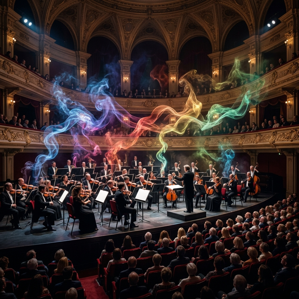 A grand concert hall where an orchestra on stage releases drifting ribbons of colored mist instead of sound, the audience leaning forward, the music stands holding blank pages